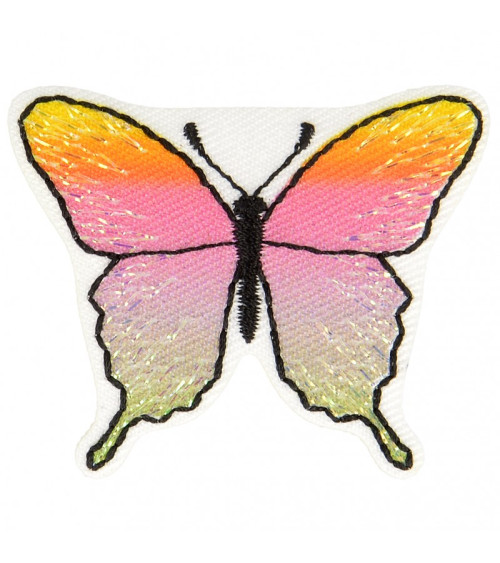 Yellow orange pink butterfly iron-on badge 3 cm x 5 cm