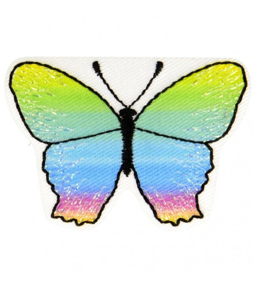 Green, blue, pink, yellow butterfly iron-on badge 3 cm x 5 cm