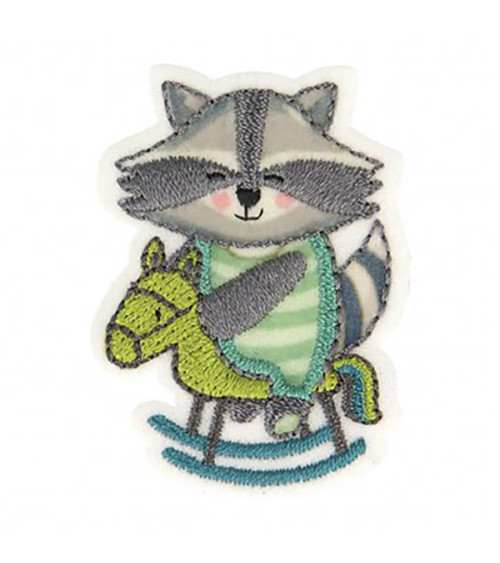 Iron-on raccoon rocking horse badge 3.5x4.5cm