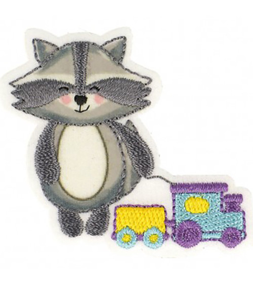 Raccoon train iron-on badge 5.5x5cm