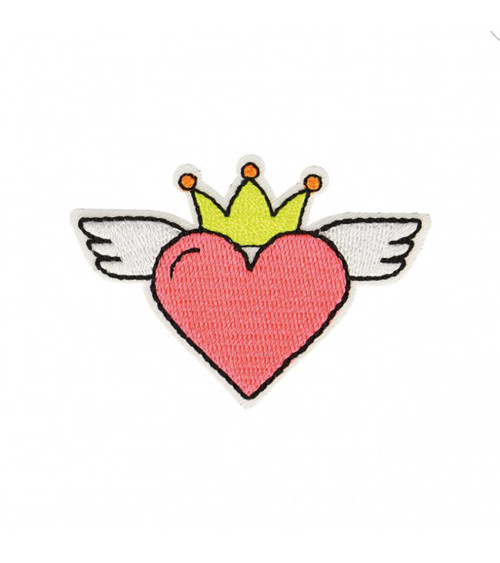 Heart iron-on badge with neon pink wings 4x6cm