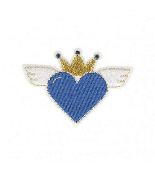 Set of 3 iron-on heart badges with blue wings 4x6cm