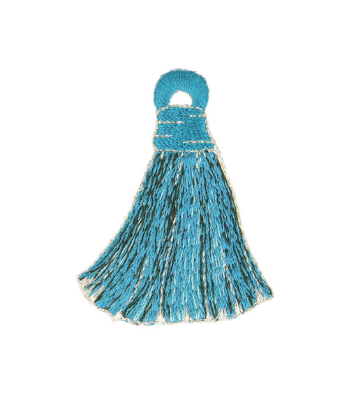 Set di 3 toppe termoadesive Pompon blu/giallo 4,5x5,5 cm