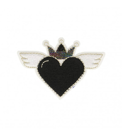 Set of 3 iron-on heart badges with black wings 4x6cm