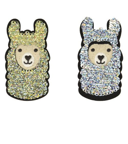 Gold llama iron-on badge with reversible sequins 8x5cm