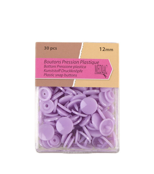 Pack of 30 100% plastic snap buttons in lavender color