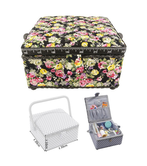 Small square sewing box L20xH11cm Flowers on black background