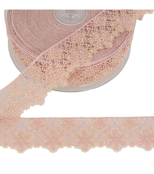 Spool 14.4m Two-tone flower lace 33 mm polyester Old Pink and gold