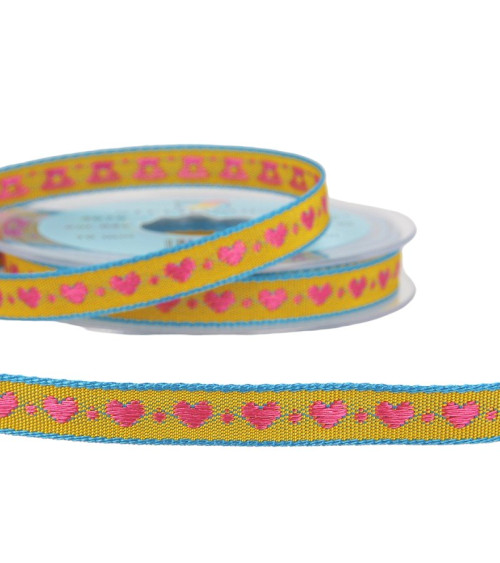 Bobina de 10m Trenza jacquard corazón 10mm poliéster Amarillo mostaza