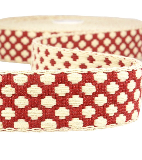 10m spool of 37mm cross pattern strap Burgundy red and ecru