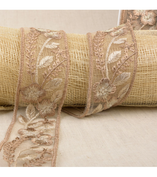 10m spool of embroidered flower braid 45mm Beige