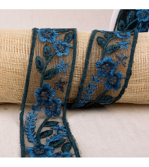 10m reel of embroidered flower braid 45mm Royal Blue