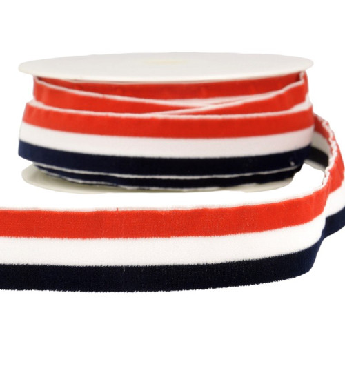 15m spool of navy blue, white and red polyester striped velvet