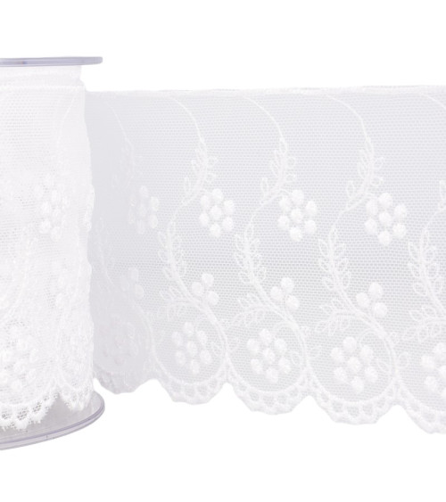 14m spool of white embroidered flower tulle