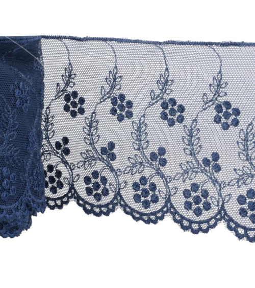 Bobina da 14 m Fiori blu navy ricamati in tulle