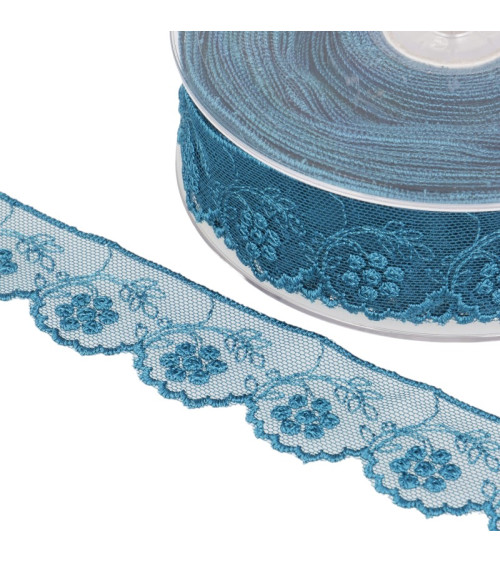 14m spool of duck blue embroidered flower tulle