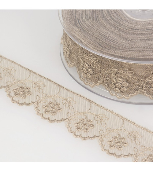 14m spool of embroidered tulle flowers in taupe