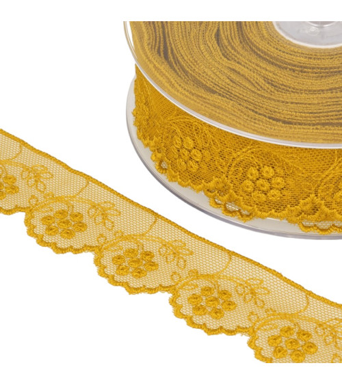 14m spool of embroidered tulle with curry yellow flowers