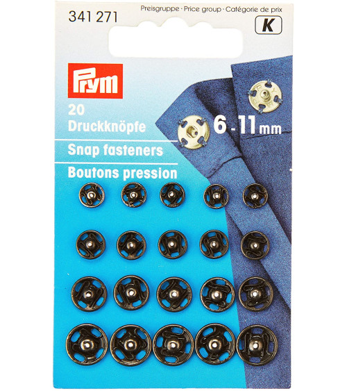 Assortimento di 20 bottoni automatici da cucire in ottone 6-11 mm neri Prym