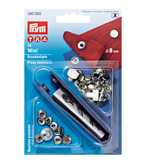 Prym Mini-Messing-Druckknöpfe 8 mm silber und Werkzeug