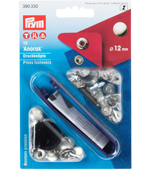 Prym Anorak brass snap fasteners 12mm silver + tool