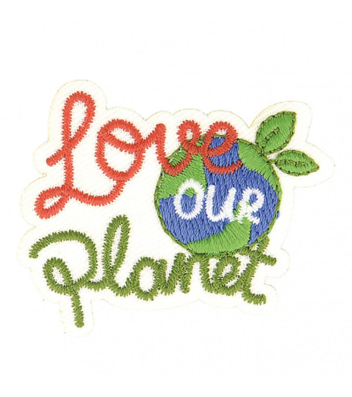 Eco-friendly iron-on badge made of organic fabric Love our planet 7cm x 5cm