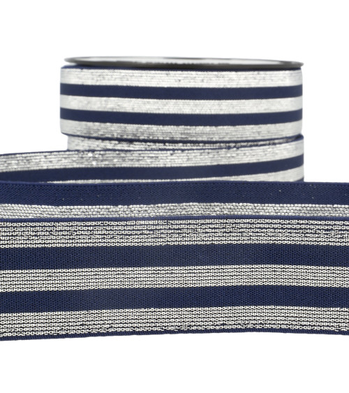 40mm navy/silver metallic striped elastic by the meter