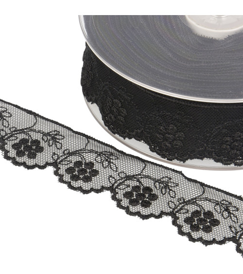 Tulle embroidered flowers 32mm black by the meter