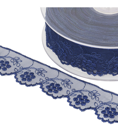 Embroidered tulle flowers 32mm navy blue by the meter