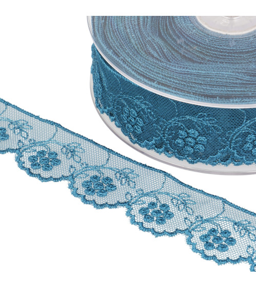 Embroidered tulle flowers 32mm duck blue by the meter