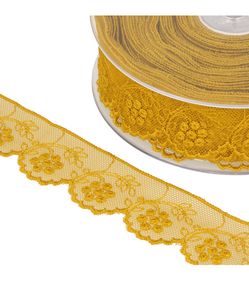 Tulle embroidered flowers 32mm mustard yellow by the meter