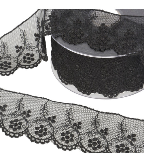 Tulle embroidered flowers 52mm black by the meter