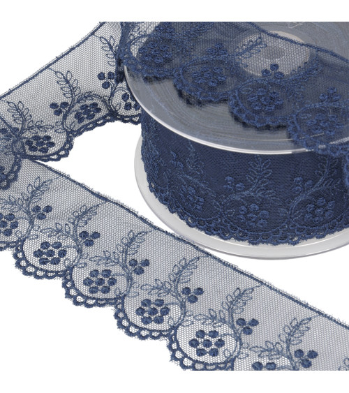 Embroidered tulle flowers 52mm navy blue per meter