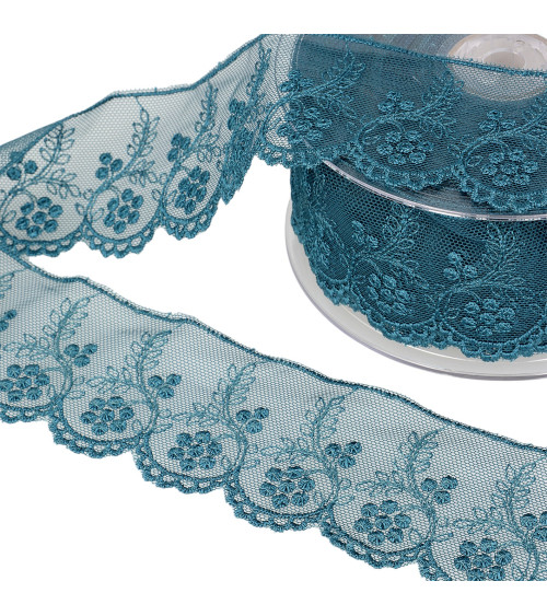 Embroidered tulle flowers 52mm duck blue by the meter