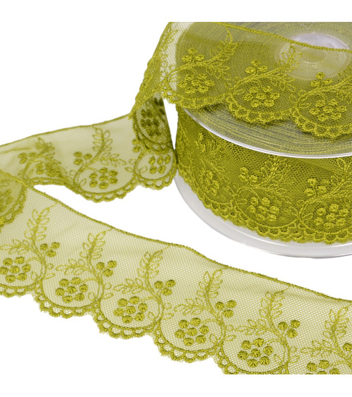 Embroidered tulle flowers 52mm khaki per meter