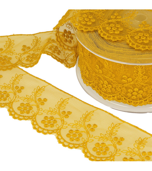 Tulle embroidered flowers 52mm mustard yellow by the meter