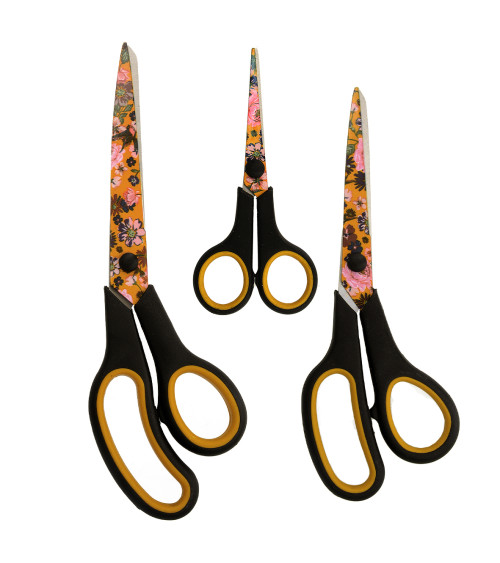 Set of 3 professional scissors with pink flowers and orange background