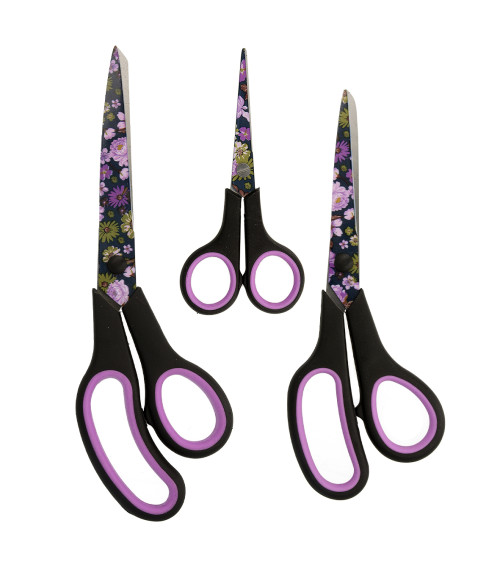 Set of 3 professional scissors purple flowers black background