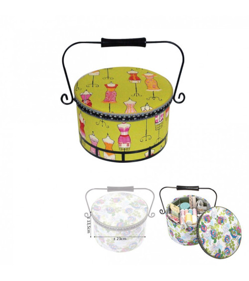 Round sewing box 22x13.5cm mannequins green background