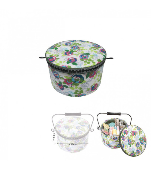 Round sewing box 22x13.5cm green flower print