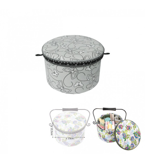 Round sewing box 22x13.5cm printed with gray butterflies