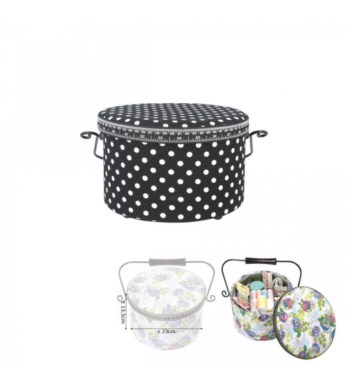 Round sewing box 22x13.5cm black polka dots