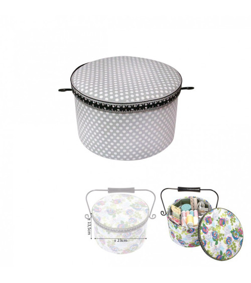 Round sewing box 22x13.5cm light gray white polka dots