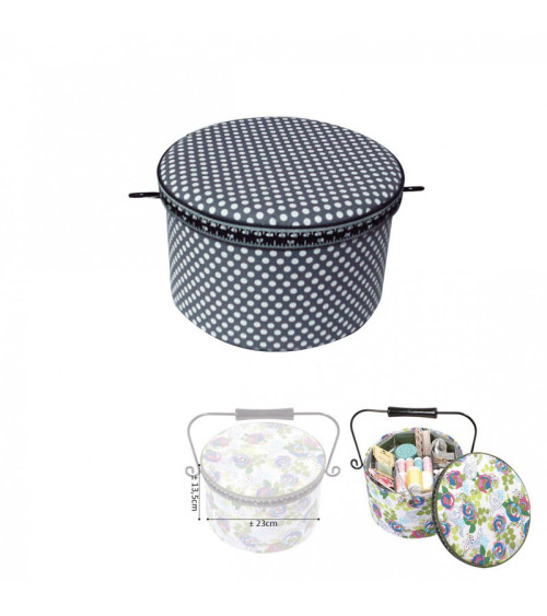 Round sewing box 22x13.5cm gray polka dots