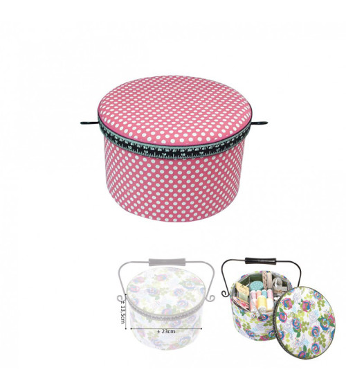 Round sewing box 22x13.5cm pink polka dots