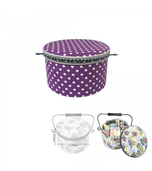 Round sewing box 22x13.5cm purple polka dots