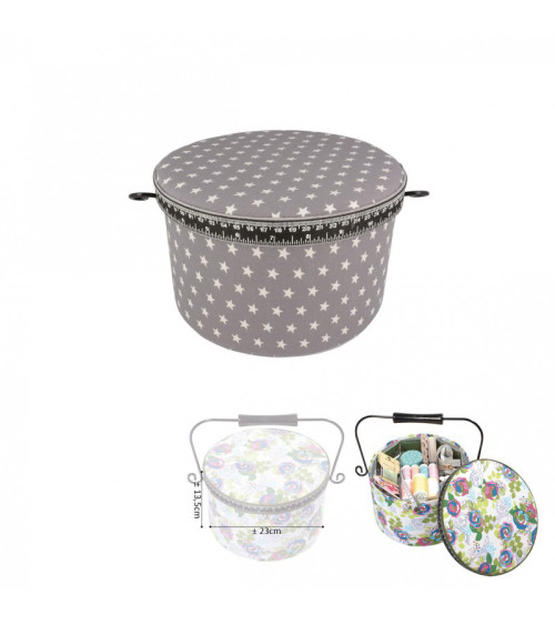 Round sewing box 22x13.5cm gray stars