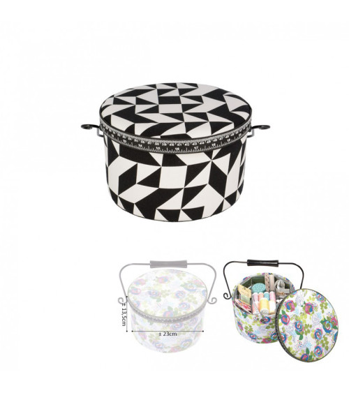 Round sewing box 22x13.5cm printed with black and white geometric shapes