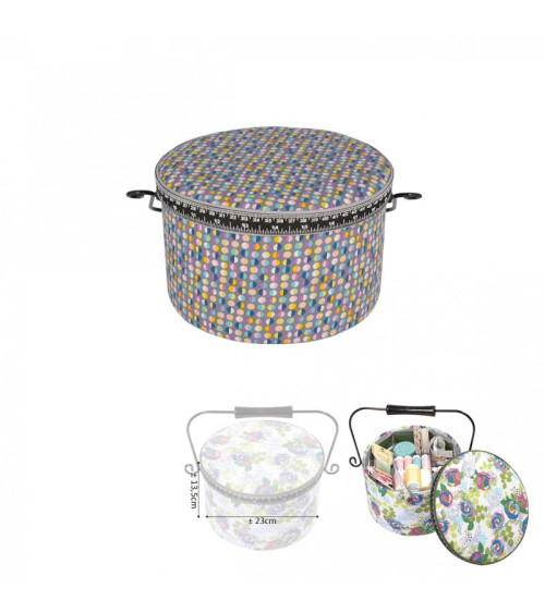 Round sewing box 22x13.5cm multi-colored polka dots gray background