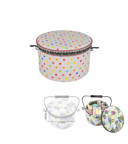 Round sewing box 22x13.5cm multi-colored polka dots white background